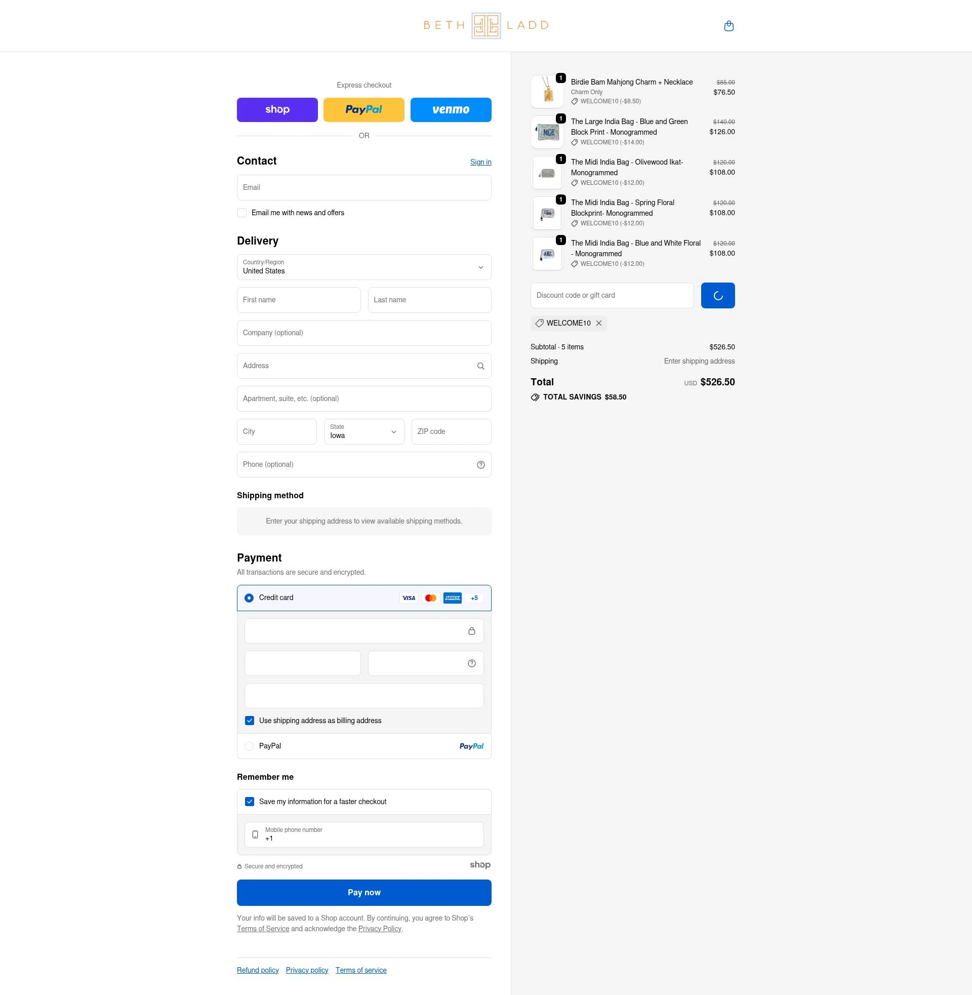 Beth Ladd Collections checkout page showing Beth Ladd Collections promo code box | Screenshot taken by SimplyCodes community member on Jan 1, 2026