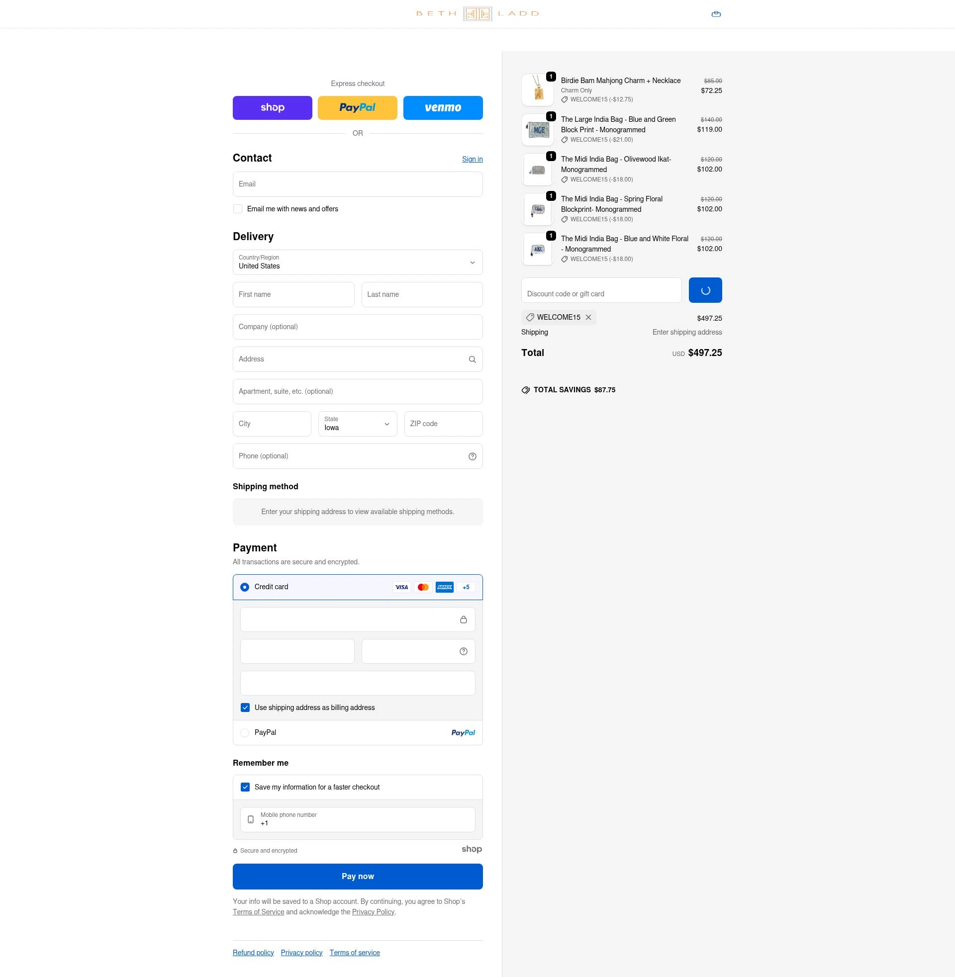 Beth Ladd Collections checkout page showing Beth Ladd Collections promo code box | Screenshot taken by SimplyCodes community member on Dec 27, 2025