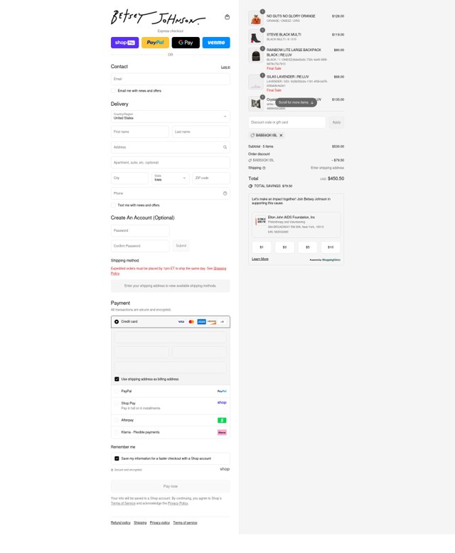 Betsey Johnson checkout page showing Betsey Johnson coupon code box | Screenshot taken by SimplyCodes community member on Aug 27, 2025