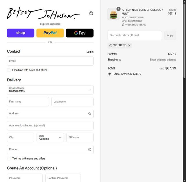 Betsey Johnson checkout page showing Betsey Johnson coupon code box | Screenshot taken by SimplyCodes community member on Aug 29, 2025