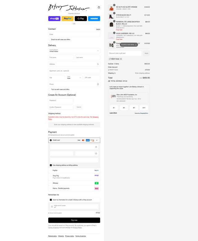 Betsey Johnson checkout page showing Betsey Johnson coupon code box | Screenshot taken by SimplyCodes community member on Aug 27, 2025
