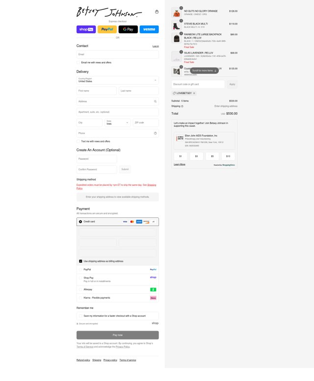 Betsey Johnson checkout page showing Betsey Johnson coupon code box | Screenshot taken by SimplyCodes community member on Aug 27, 2025