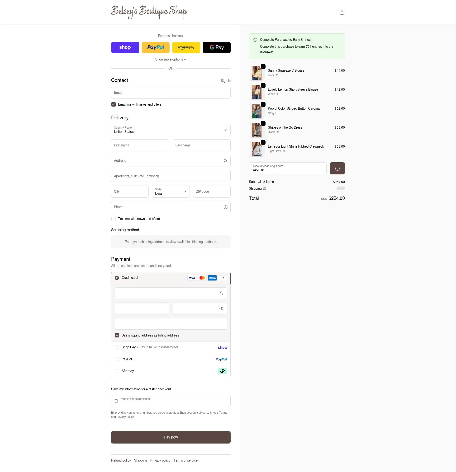 Betsey's Boutique Shop checkout page showing Betsey's Boutique Shop promo code box | Screenshot taken by SimplyCodes community member on Feb 11, 2026