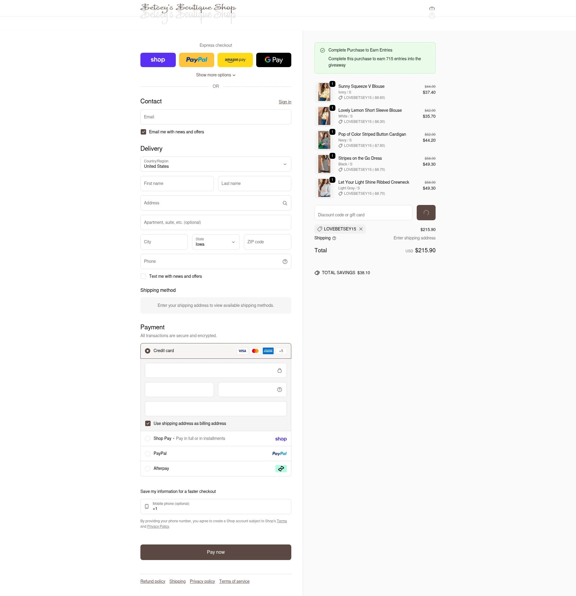 Betsey's Boutique Shop checkout page showing Betsey's Boutique Shop promo code box | Screenshot taken by SimplyCodes community member on Feb 11, 2026
