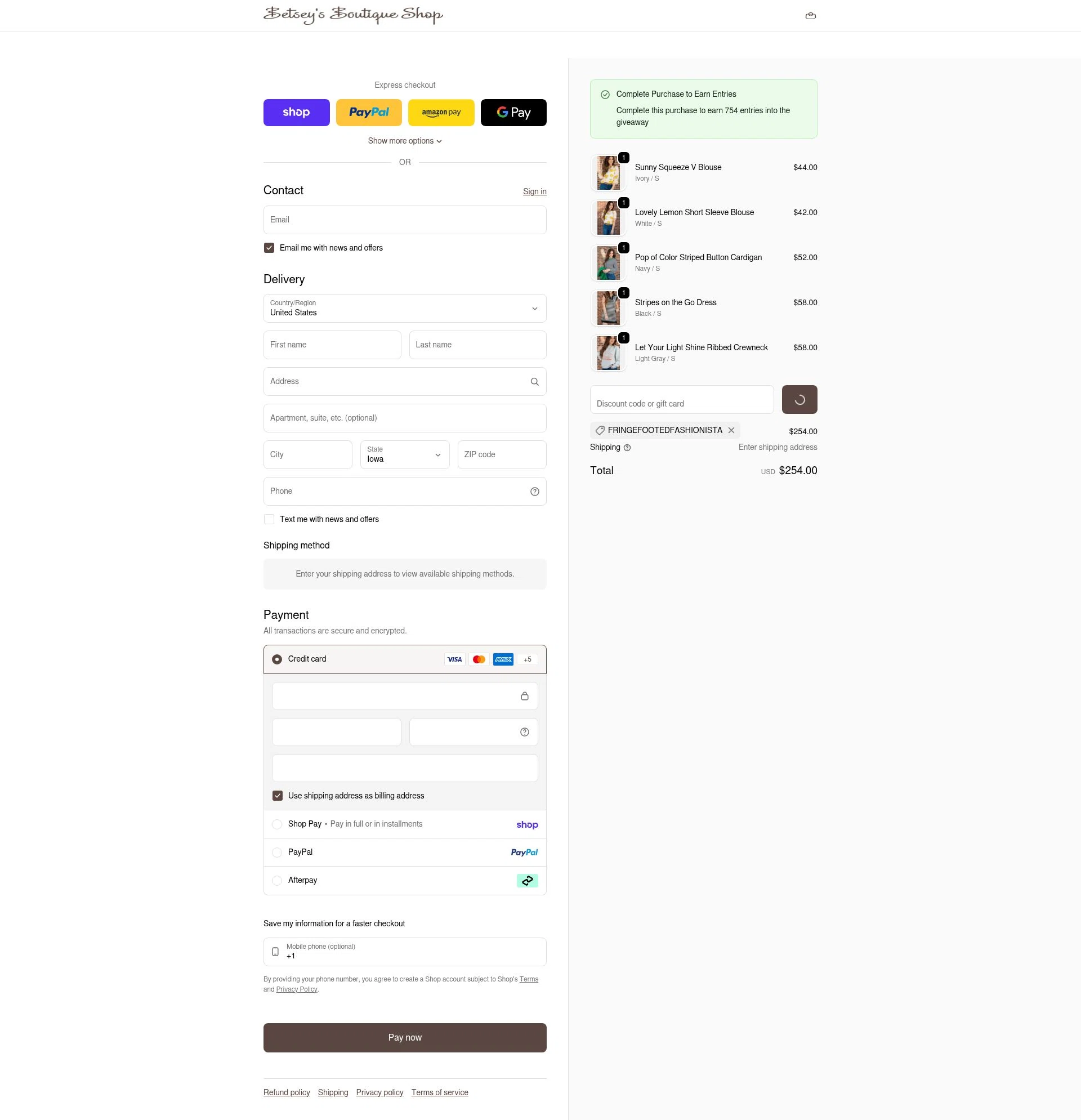 Betsey's Boutique Shop checkout page showing Betsey's Boutique Shop promo code box | Screenshot taken by SimplyCodes community member on Feb 11, 2026