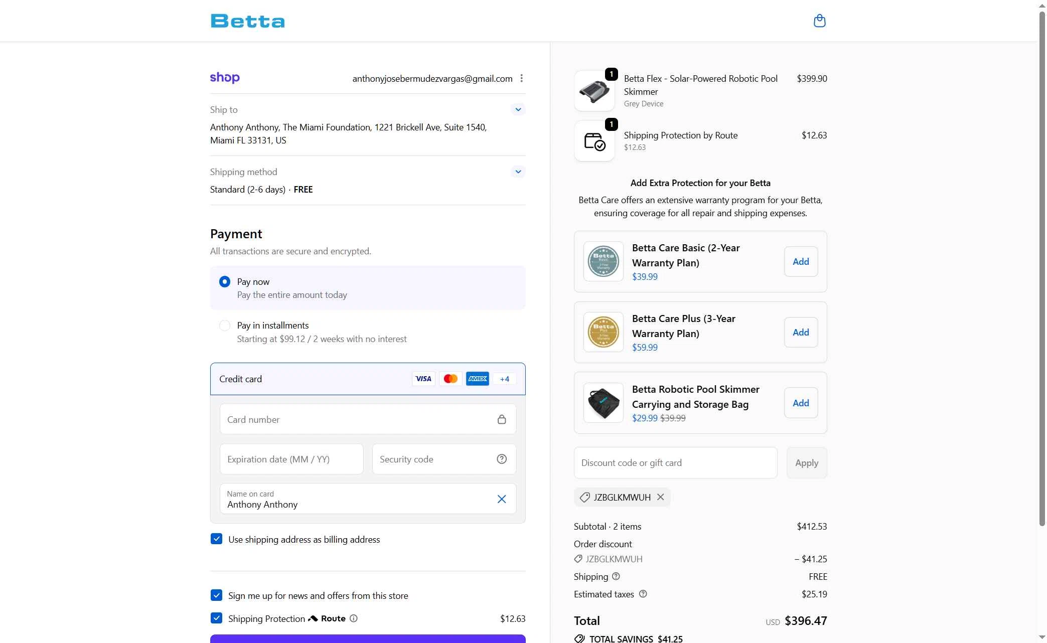 Betta checkout page showing Betta discount code box | Screenshot taken by SimplyCodes community member on Feb 20, 2026