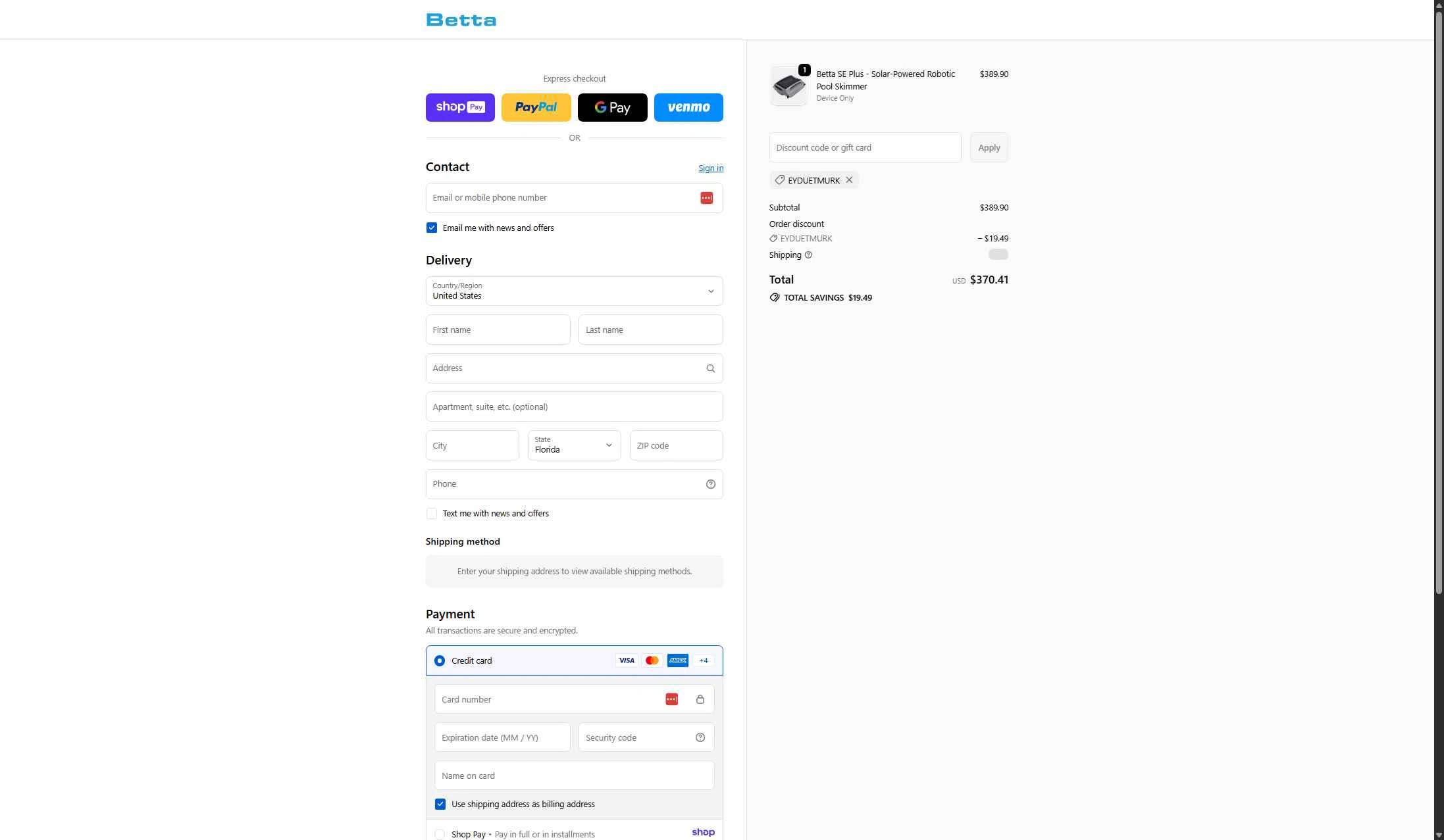 Betta checkout page showing Betta discount code box | Screenshot taken by SimplyCodes community member on Jan 12, 2026