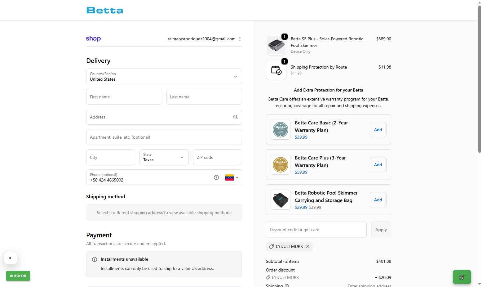 Betta checkout page showing Betta discount code box | Screenshot taken by SimplyCodes community member on Feb 10, 2026