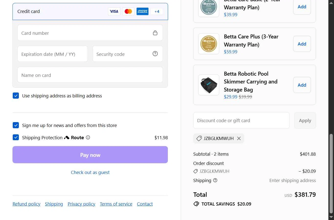 Betta checkout page showing Betta discount code box | Screenshot taken by SimplyCodes community member on Jan 22, 2026
