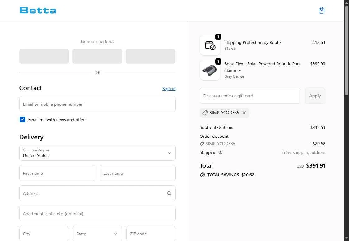 Betta checkout page showing Betta discount code box | Screenshot taken by SimplyCodes community member on Jan 28, 2026