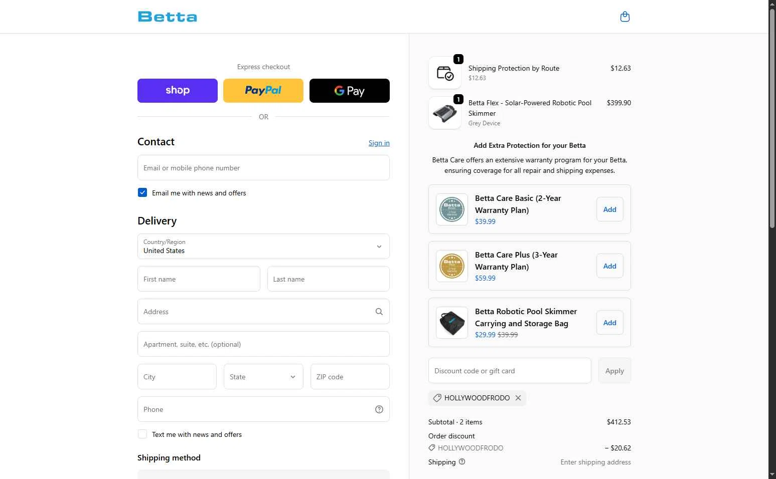 Betta checkout page showing Betta discount code box | Screenshot taken by SimplyCodes community member on Jan 23, 2026