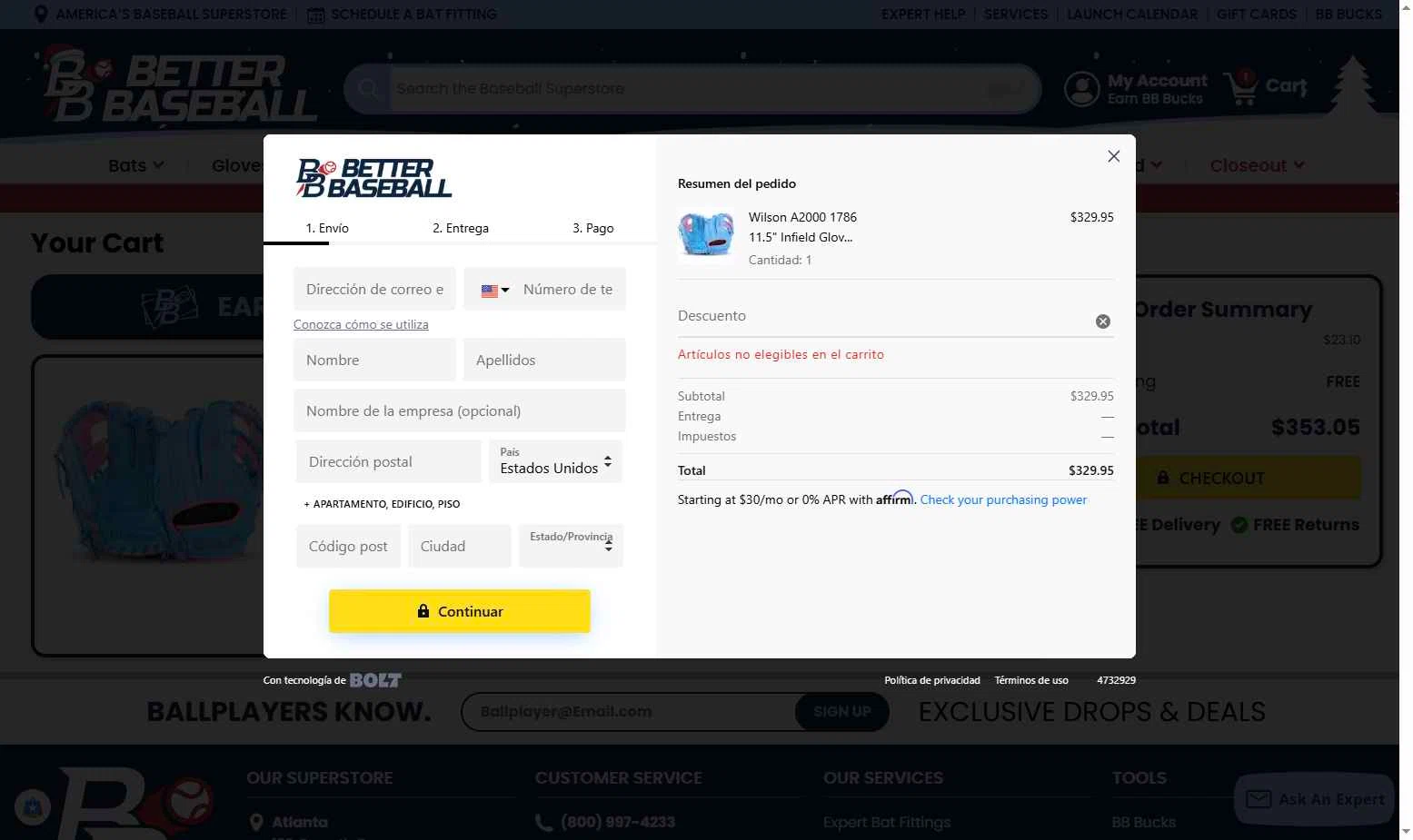 BetterBaseball checkout page showing BetterBaseball discount code box | Screenshot taken by SimplyCodes community member on Nov 12, 2025