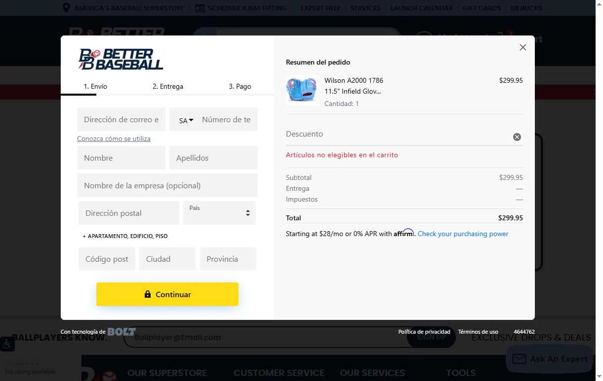 BetterBaseball checkout page showing BetterBaseball discount code box | Screenshot taken by SimplyCodes community member on Sep 2, 2025