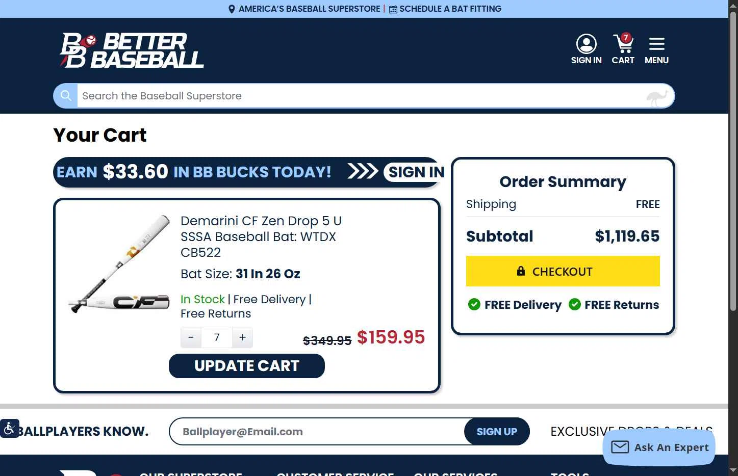 BetterBaseball checkout page showing BetterBaseball discount code box | Screenshot taken by SimplyCodes community member on Jan 8, 2026