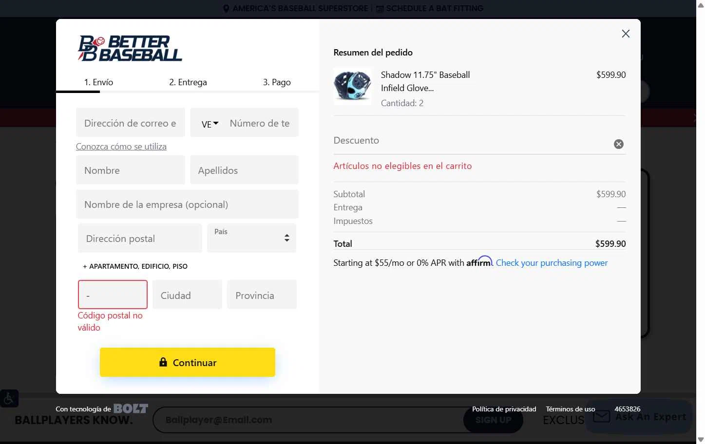 BetterBaseball checkout page showing BetterBaseball discount code box | Screenshot taken by SimplyCodes community member on Sep 13, 2025