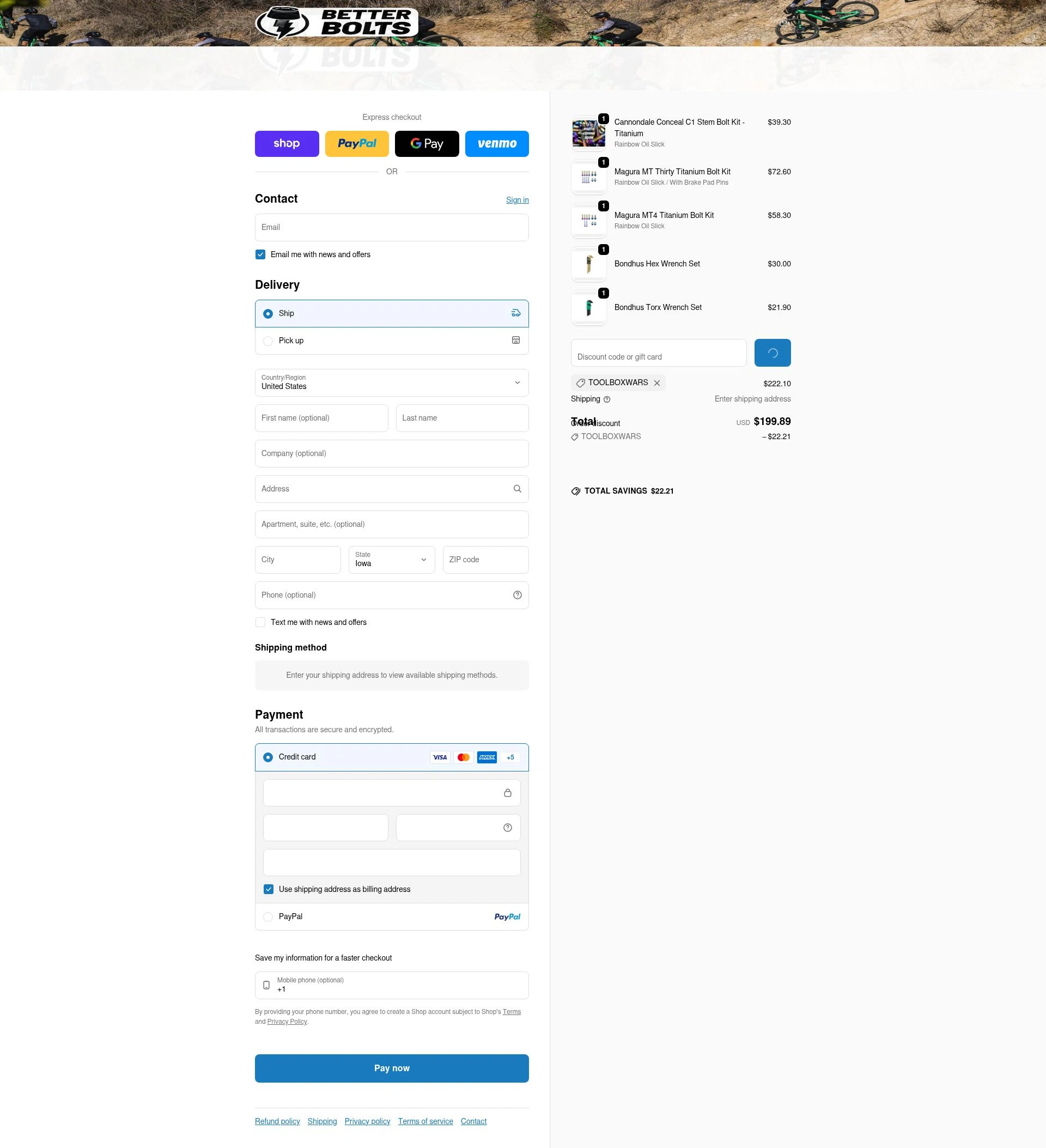 Better Bolts checkout page showing Better Bolts discount code box | Screenshot taken by SimplyCodes community member on Feb 10, 2026