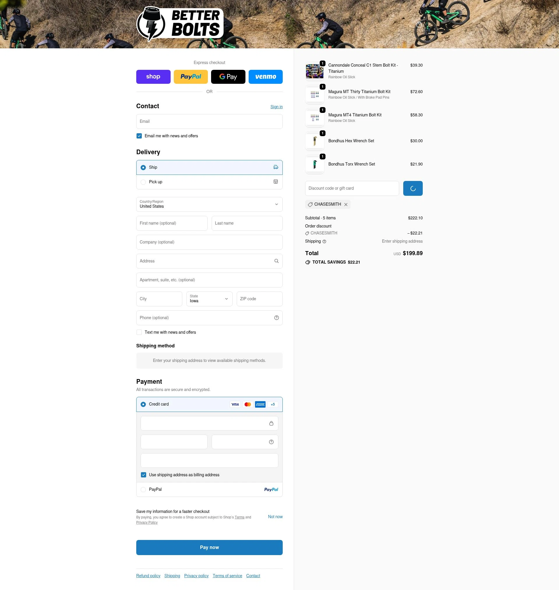 Better Bolts checkout page showing Better Bolts discount code box | Screenshot taken by SimplyCodes community member on Feb 14, 2026