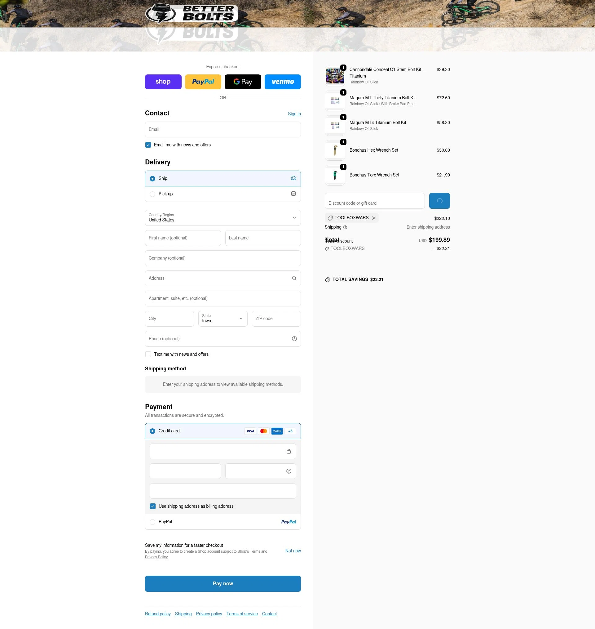 Better Bolts checkout page showing Better Bolts discount code box | Screenshot taken by SimplyCodes community member on Feb 14, 2026