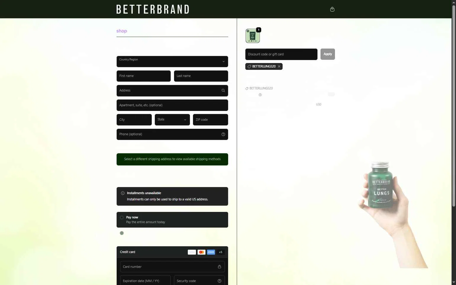 Better Brand checkout page showing Better Brand promo code box | Screenshot taken by SimplyCodes community member on Dec 14, 2025