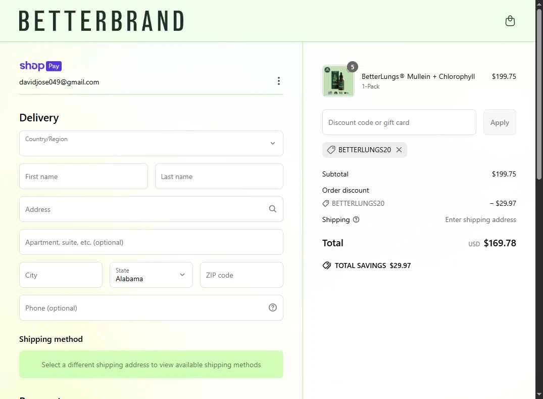Better Brand checkout page showing Better Brand promo code box | Screenshot taken by SimplyCodes community member on Apr 29, 2025