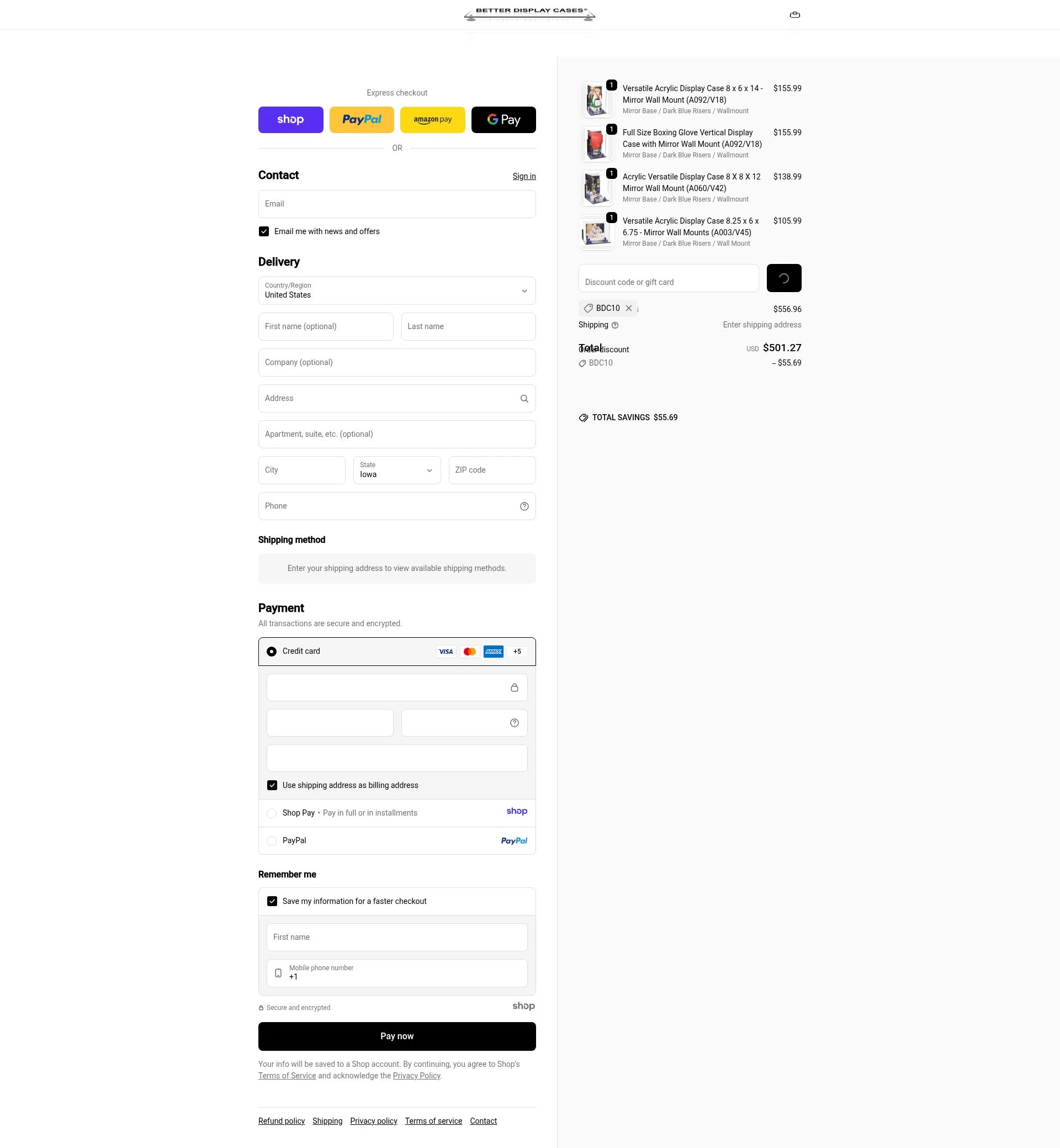 Better Display Cases checkout page showing Better Display Cases discount code box | Screenshot taken by SimplyCodes community member on Jan 8, 2026