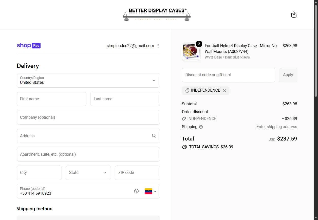 Better Display Cases checkout page showing Better Display Cases discount code box | Screenshot taken by SimplyCodes community member on Jan 10, 2026