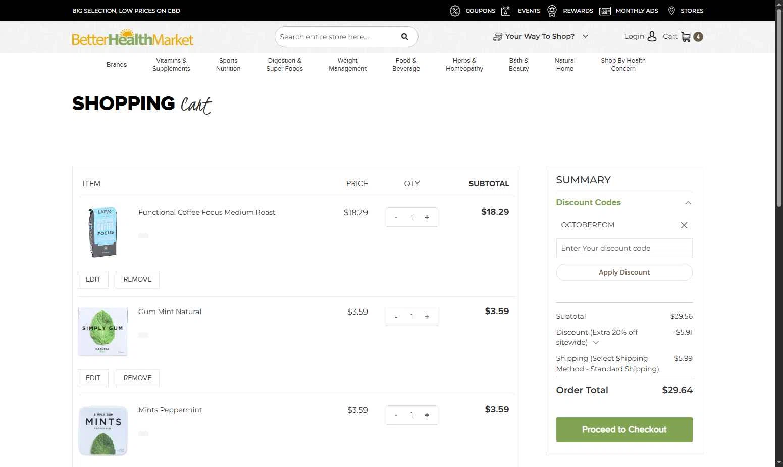 Better Health Store checkout page showing Better Health Store promo code box | Screenshot taken by SimplyCodes community member on Oct 29, 2025
