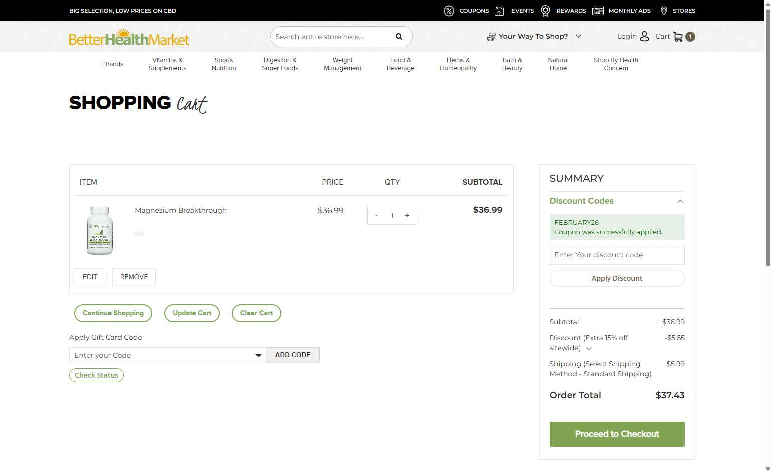 Better Health Store checkout page showing Better Health Store promo code box | Screenshot taken by SimplyCodes community member on Feb 3, 2026