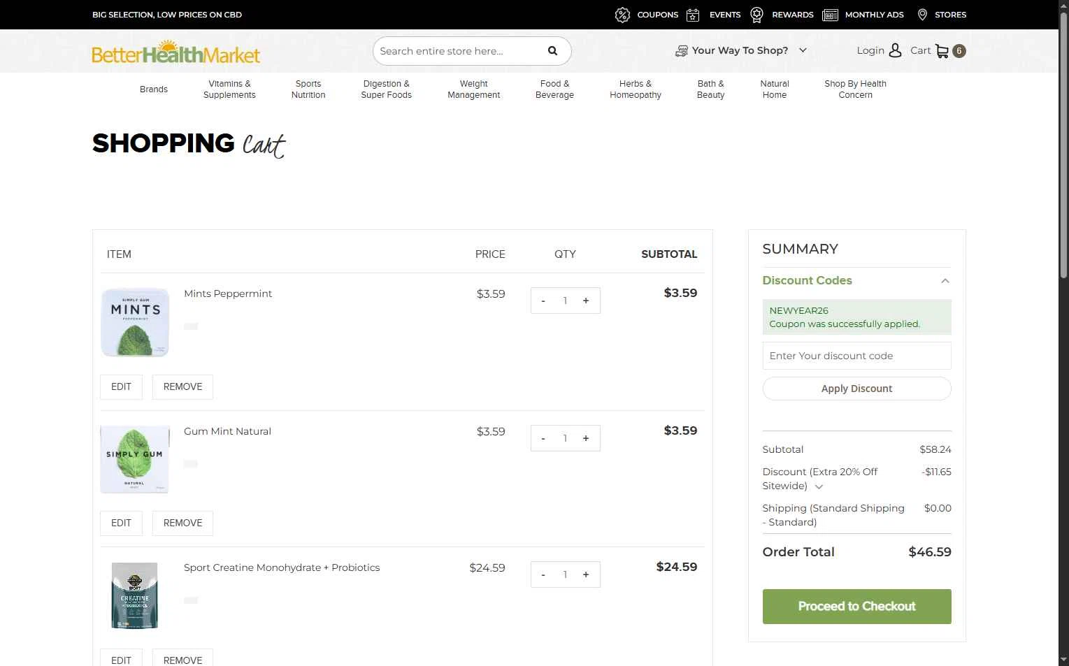 Better Health Store checkout page showing Better Health Store promo code box | Screenshot taken by SimplyCodes community member on Jan 5, 2026