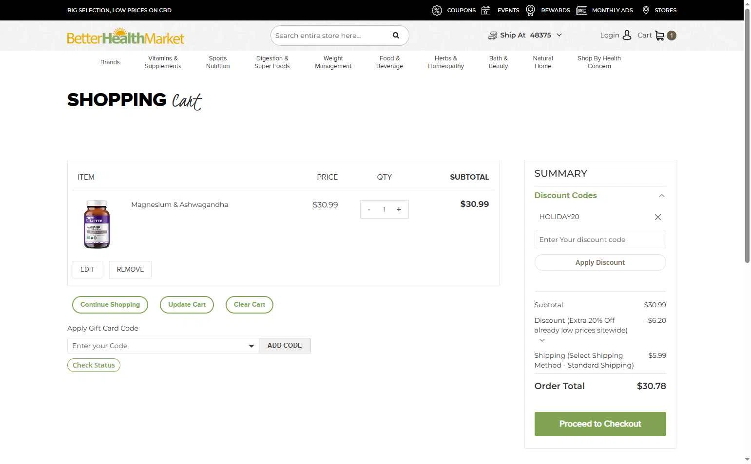 Better Health Store checkout page showing Better Health Store promo code box | Screenshot taken by SimplyCodes community member on Dec 5, 2025