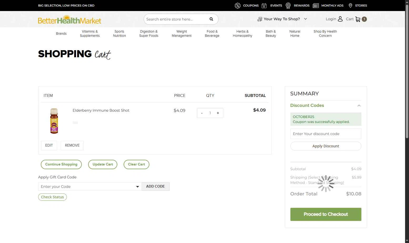 Better Health Store checkout page showing Better Health Store promo code box | Screenshot taken by SimplyCodes community member on Oct 30, 2025