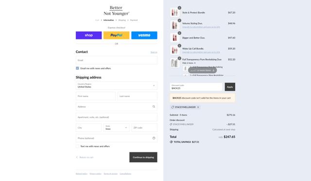 Better Not Younger checkout page showing Better Not Younger coupon code box | Screenshot taken by SimplyCodes community member on Sep 10, 2025