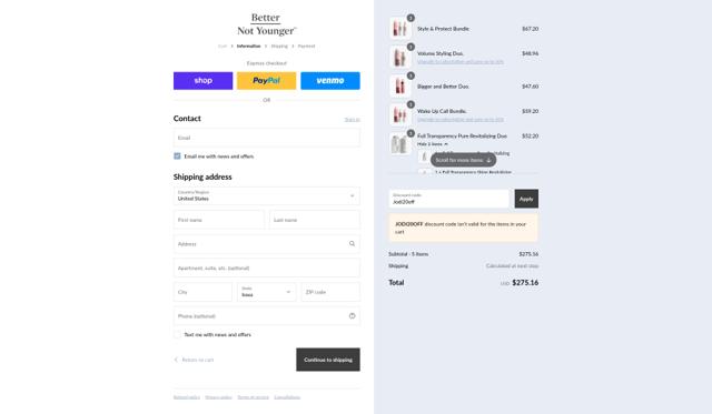 Better Not Younger checkout page showing Better Not Younger coupon code box | Screenshot taken by SimplyCodes community member on Sep 10, 2025
