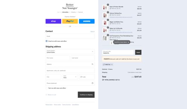 Better Not Younger checkout page showing Better Not Younger coupon code box | Screenshot taken by SimplyCodes community member on Sep 10, 2025