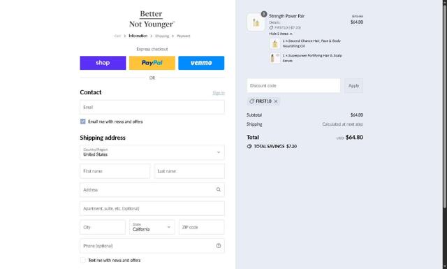Better Not Younger checkout page showing Better Not Younger coupon code box | Screenshot taken by SimplyCodes community member on Sep 10, 2025