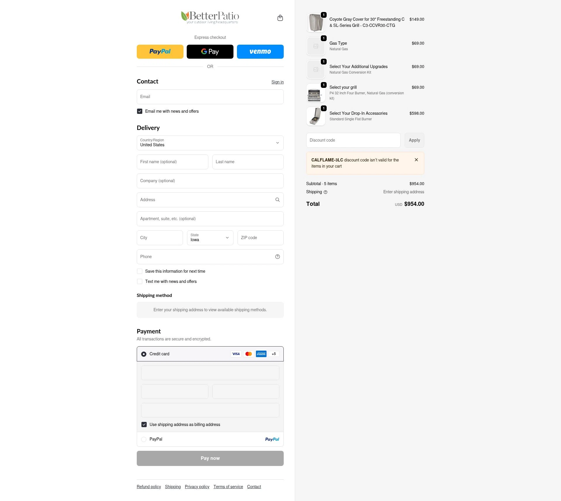 Better Patio checkout page showing Better Patio discount code box | Screenshot taken by SimplyCodes community member on Jan 7, 2026