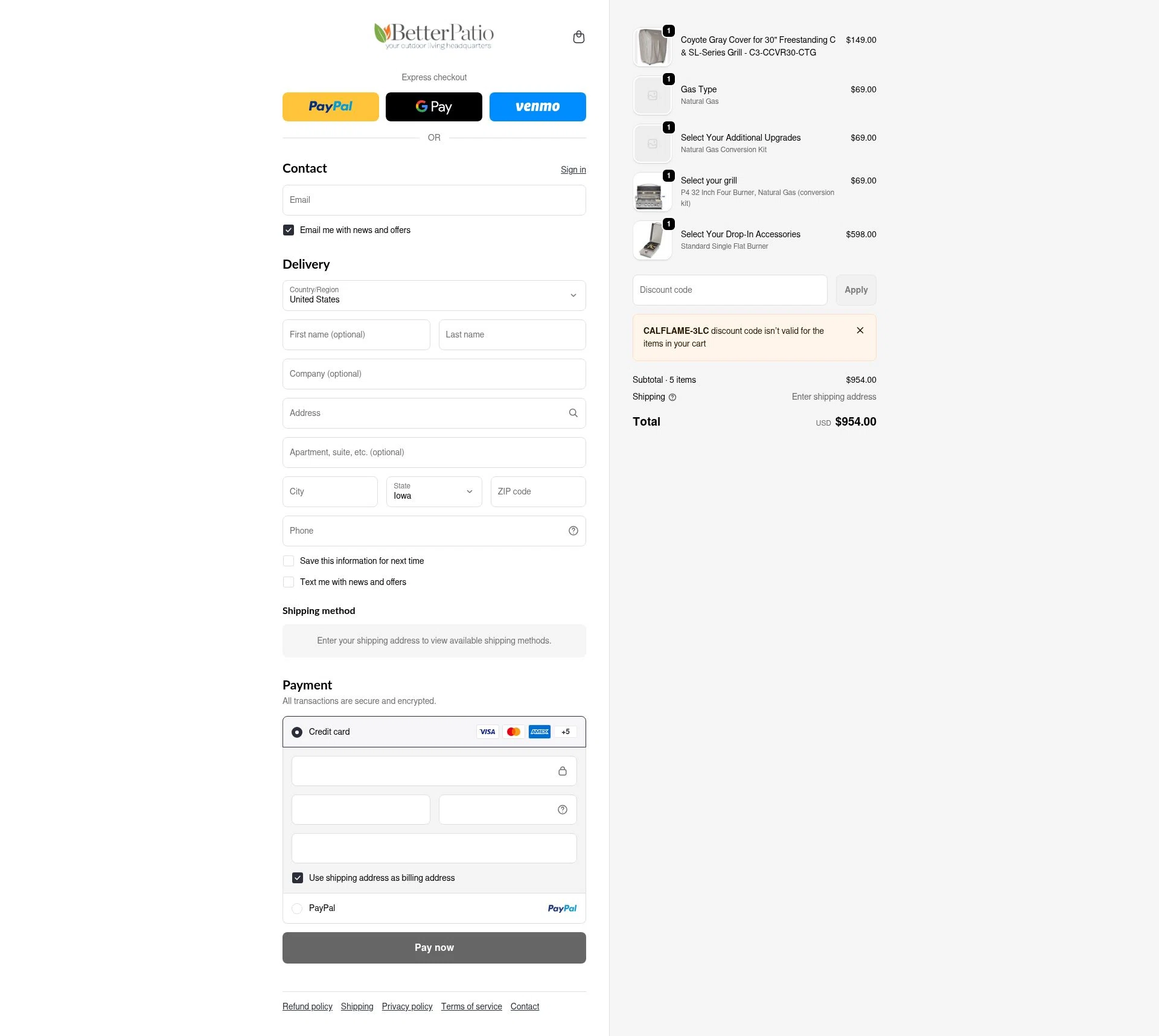 Better Patio checkout page showing Better Patio discount code box | Screenshot taken by SimplyCodes community member on Dec 28, 2025