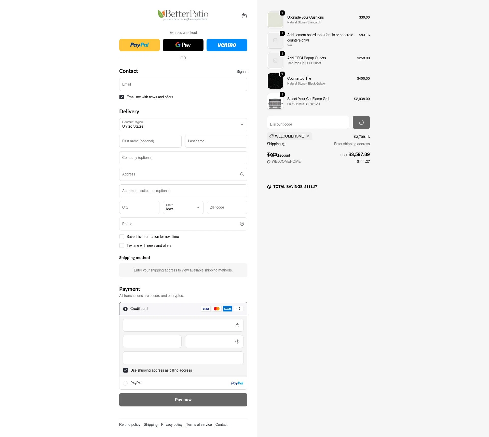 Better Patio checkout page showing Better Patio discount code box | Screenshot taken by SimplyCodes community member on Dec 23, 2025