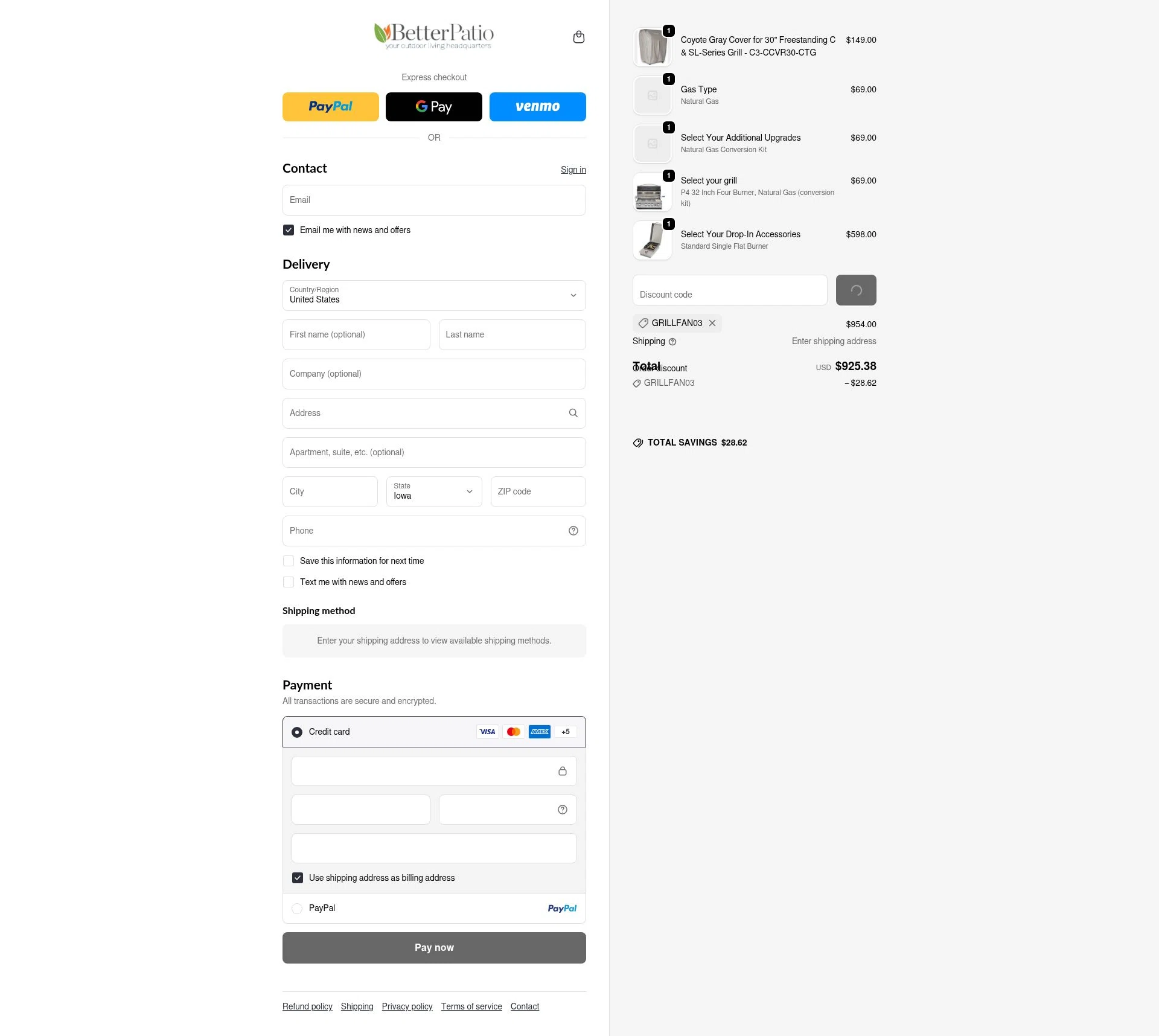 Better Patio checkout page showing Better Patio discount code box | Screenshot taken by SimplyCodes community member on Jan 7, 2026