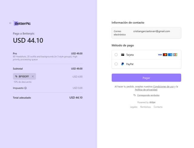 BetterPic checkout page showing BetterPic promo code box | Screenshot taken by SimplyCodes community member on May 3, 2025