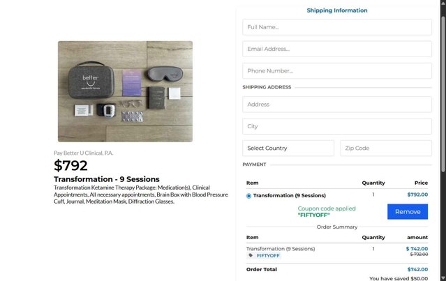 Better U checkout page showing Better U promo code box | Screenshot taken by SimplyCodes community member on Jul 16, 2025