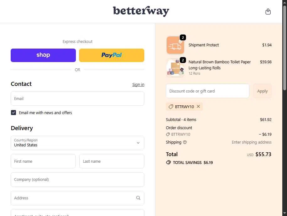 Betterway checkout page showing Betterway promo code box | Screenshot taken by SimplyCodes community member on Jan 18, 2026
