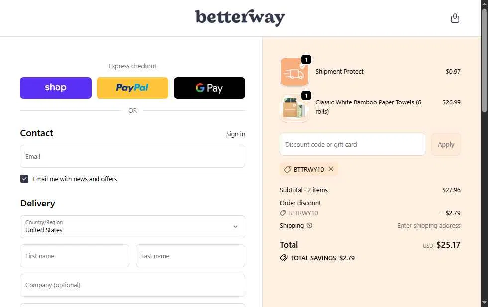 Betterway checkout page showing Betterway promo code box | Screenshot taken by SimplyCodes community member on Jan 18, 2026