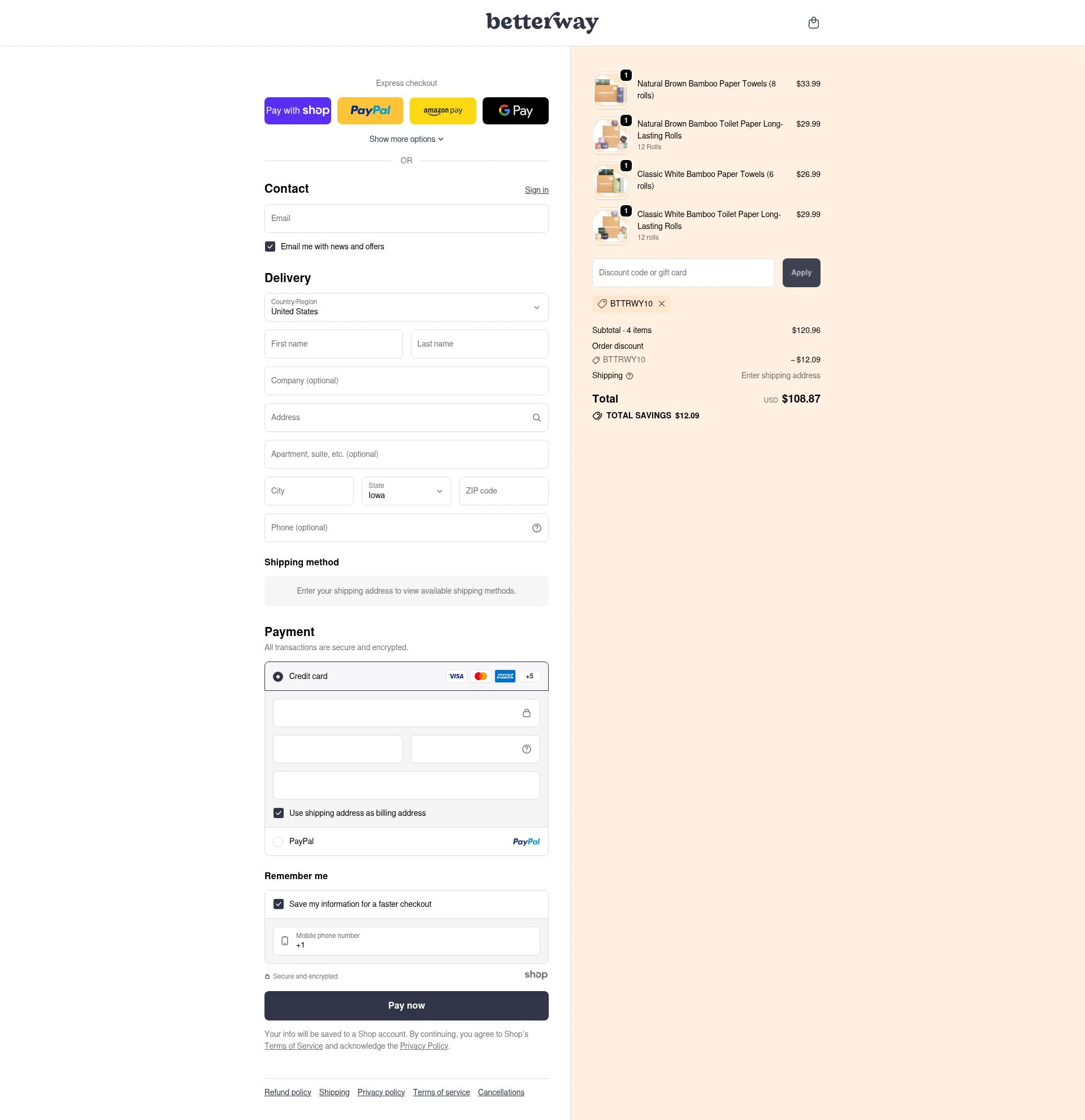 Betterway checkout page showing Betterway promo code box | Screenshot taken by SimplyCodes community member on Jan 7, 2026