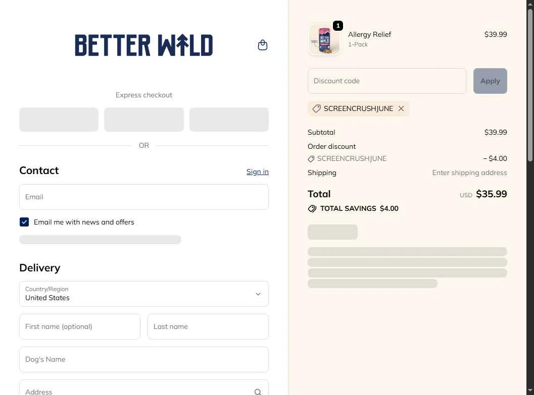 BetterWild checkout page showing BetterWild promo code box | Screenshot taken by SimplyCodes community member on Jan 31, 2026