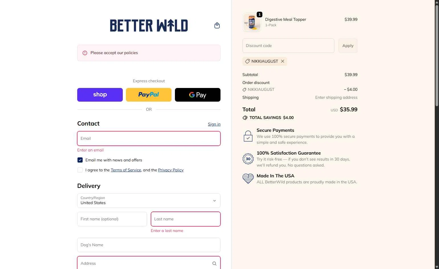 BetterWild checkout page showing BetterWild promo code box | Screenshot taken by SimplyCodes community member on Jan 15, 2026