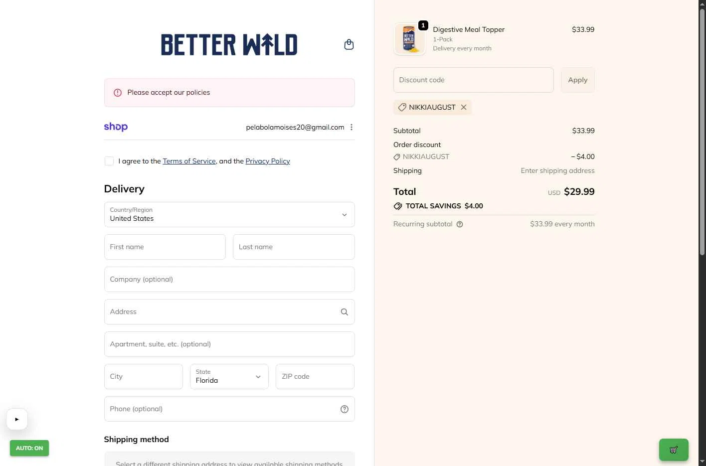BetterWild checkout page showing BetterWild promo code box | Screenshot taken by SimplyCodes community member on Jan 29, 2026