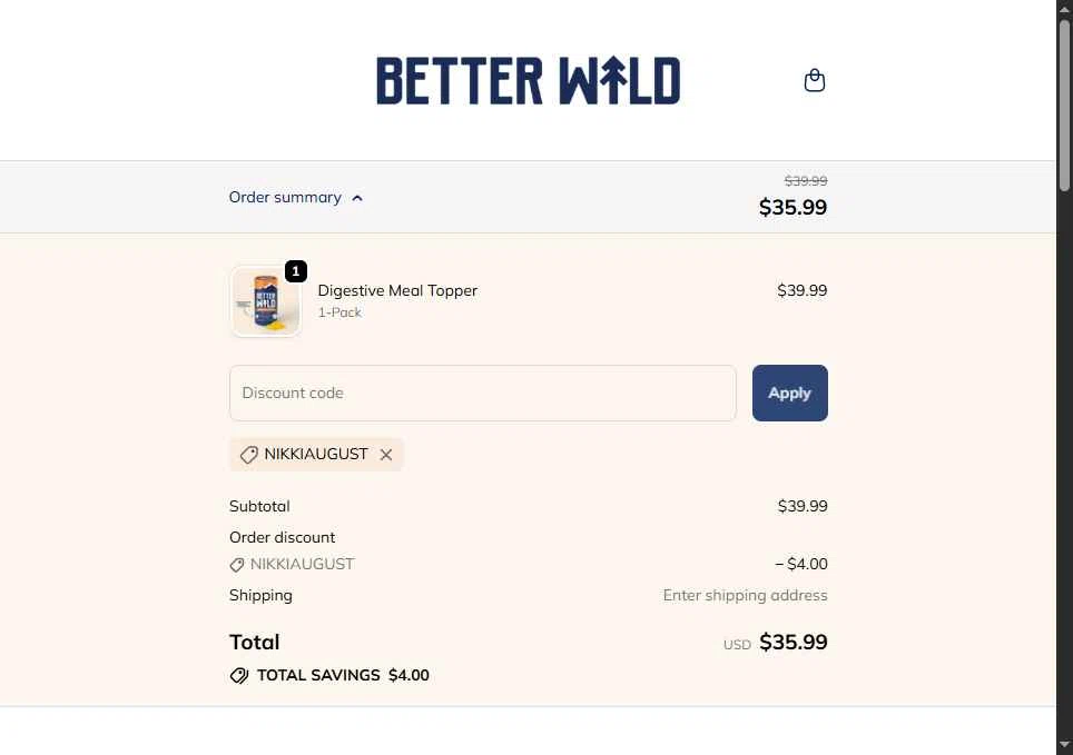 BetterWild checkout page showing BetterWild promo code box | Screenshot taken by SimplyCodes community member on Jan 15, 2026