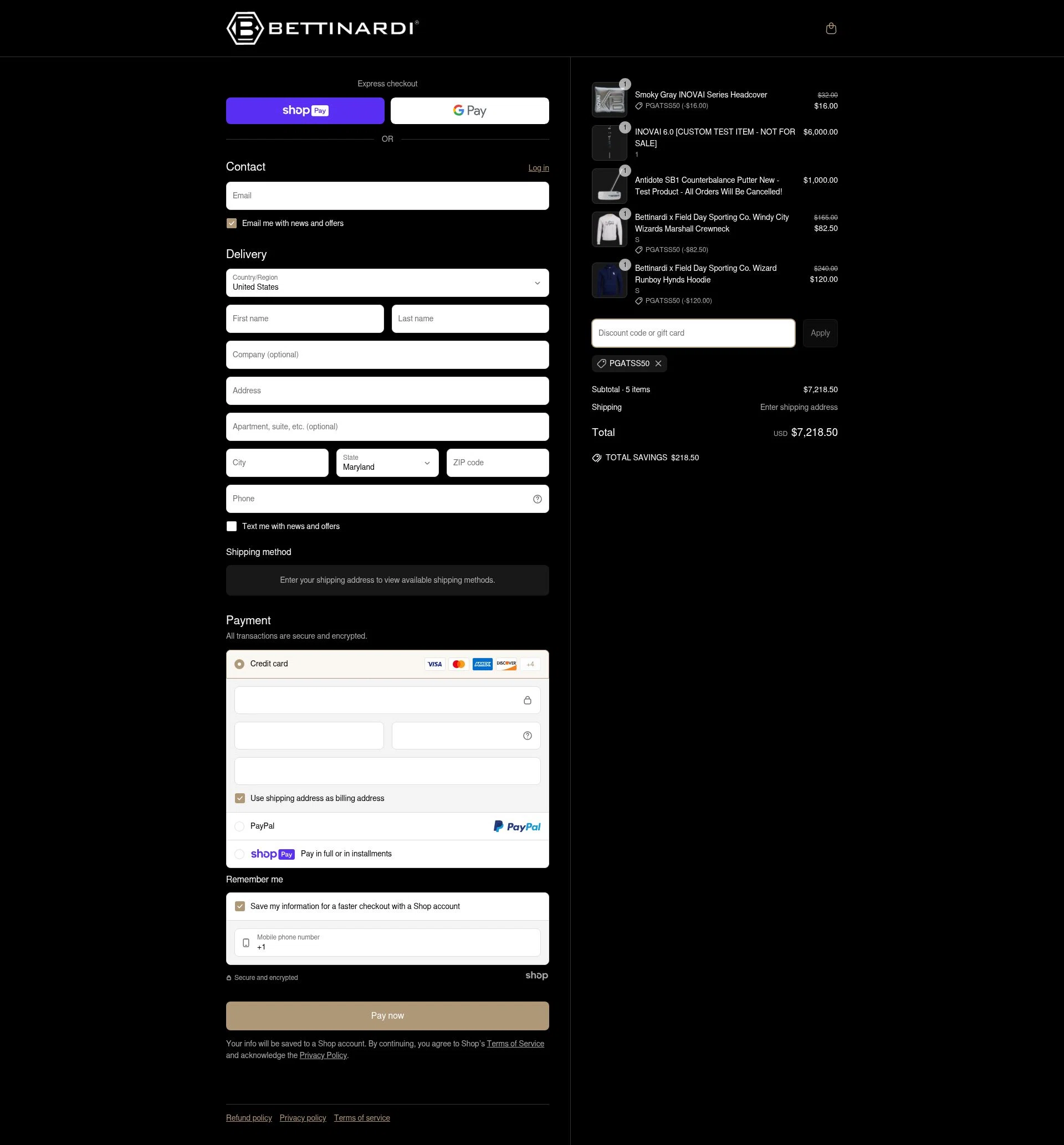 Bettinardi checkout page showing Bettinardi discount code box | Screenshot taken by SimplyCodes community member on Jun 15, 2025