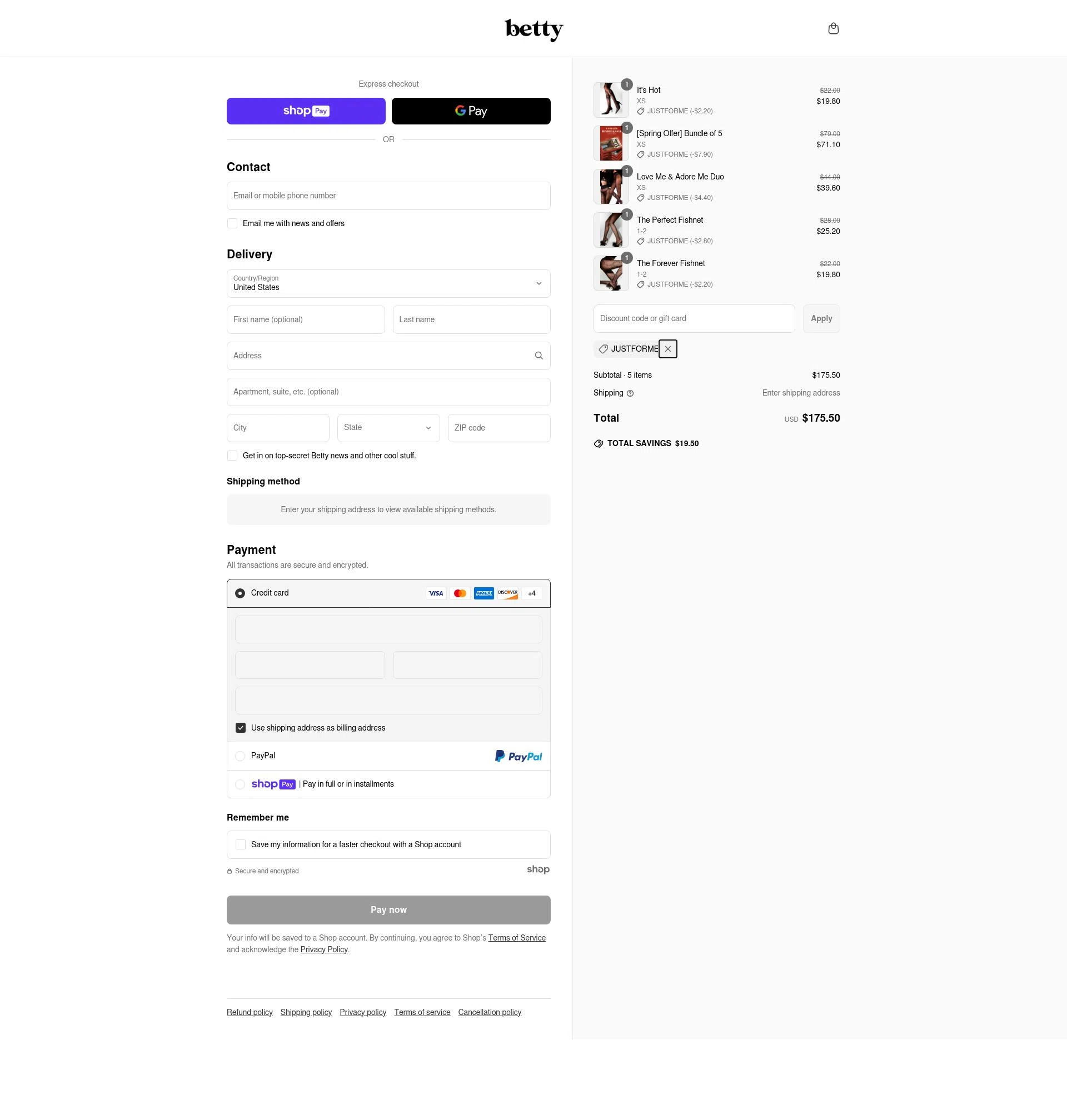 Betty checkout page showing Betty promo code box | Screenshot taken by SimplyCodes community member on Mar 31, 2025